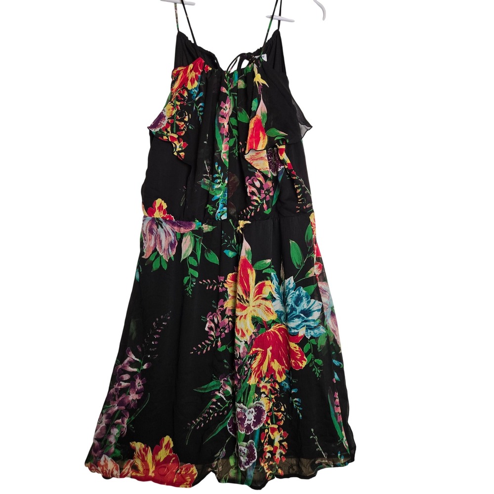 Old Navy Women Black Floral Chiffon Ruffle‎ Midi Dress Medium Tropical Summer